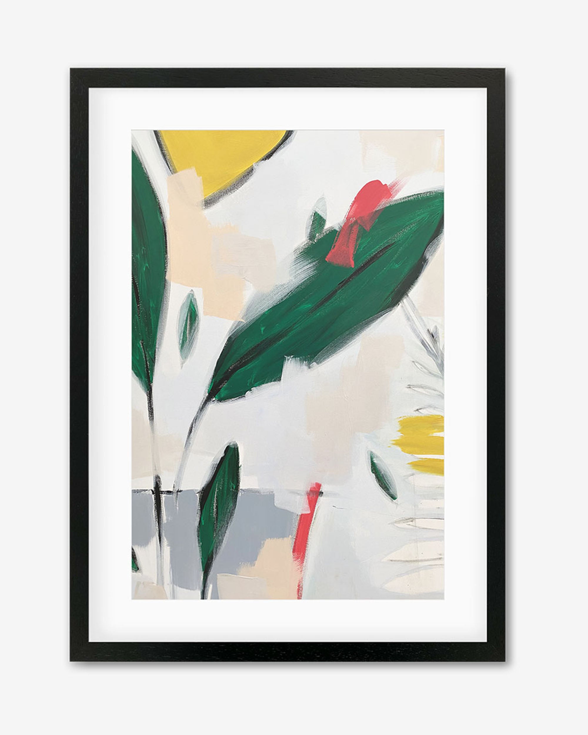 A framed art piece with abstract design featuring tropical leaves in bold colors, predominantly green, with touches of pink and yellow, displayed in a black frame.