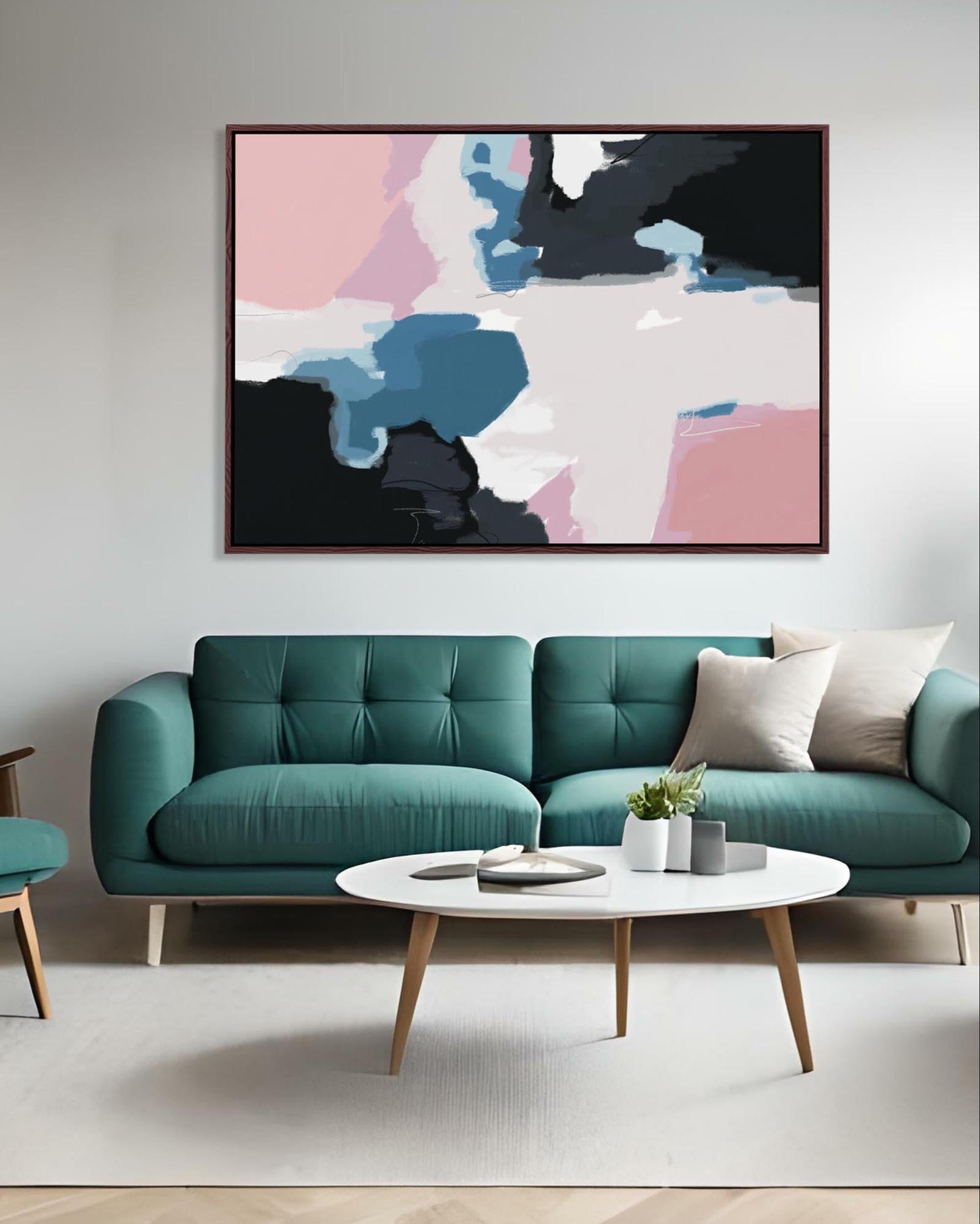 Modern living room with a teal sofa, abstract art, and a coffee table.