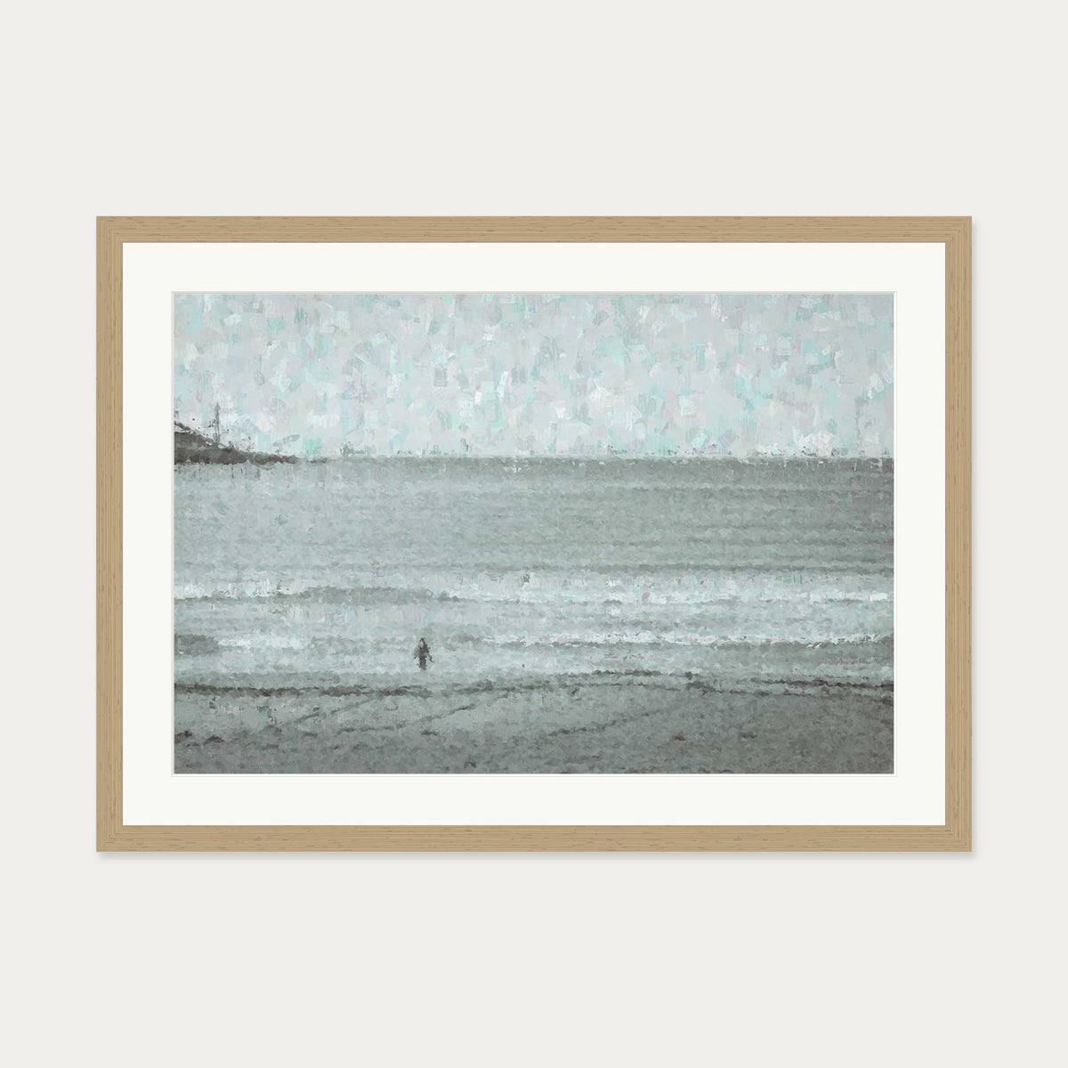 Grey Coastal Waves Art Print — 50 x 70 cm — Oak Frame