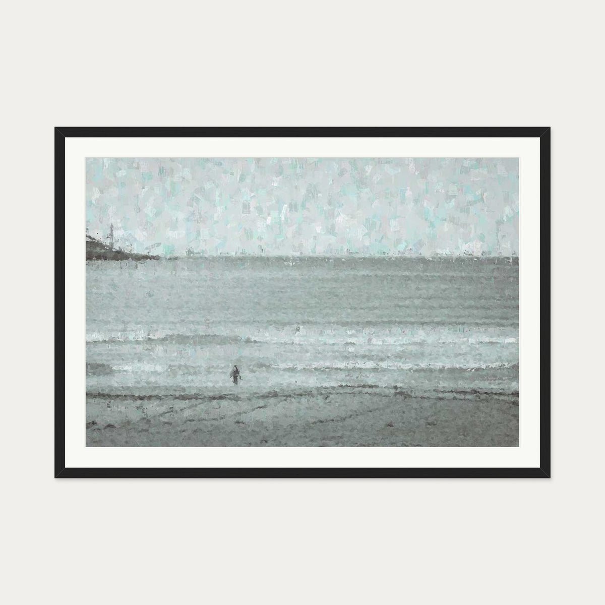 Grey Coastal Waves Art Print — 70 x 100 cm — Black Frame