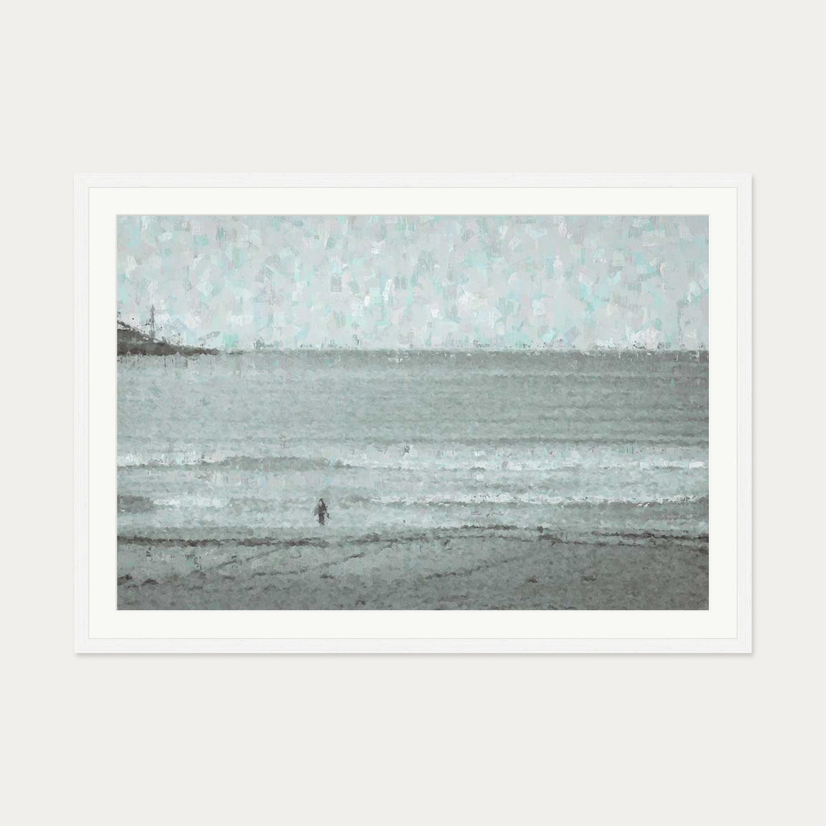 Grey Coastal Waves Art Print — 70 x 100 cm — White Frame
