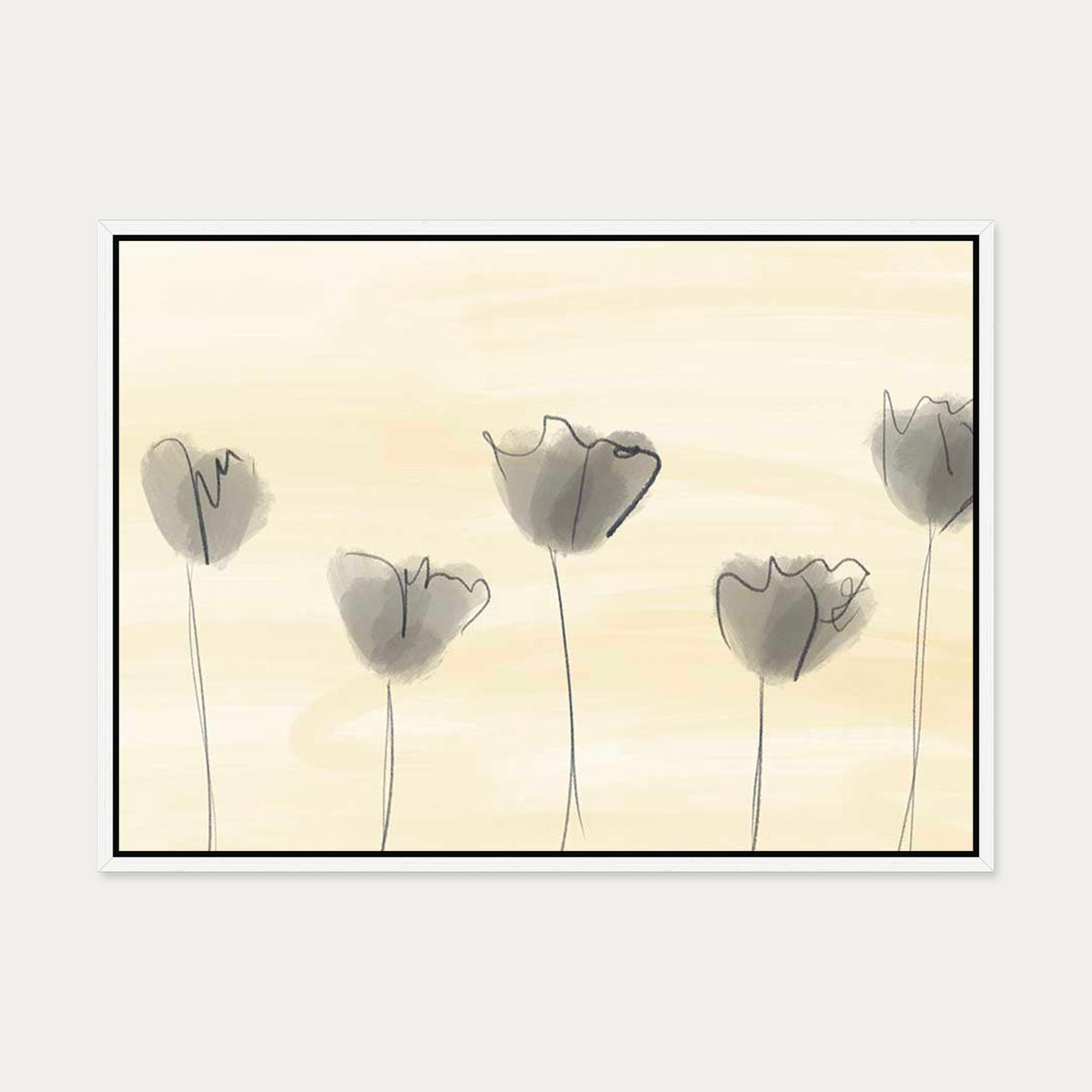 Grey Poppies In Field Canvas Art — 50 x 70 cm — White Frame