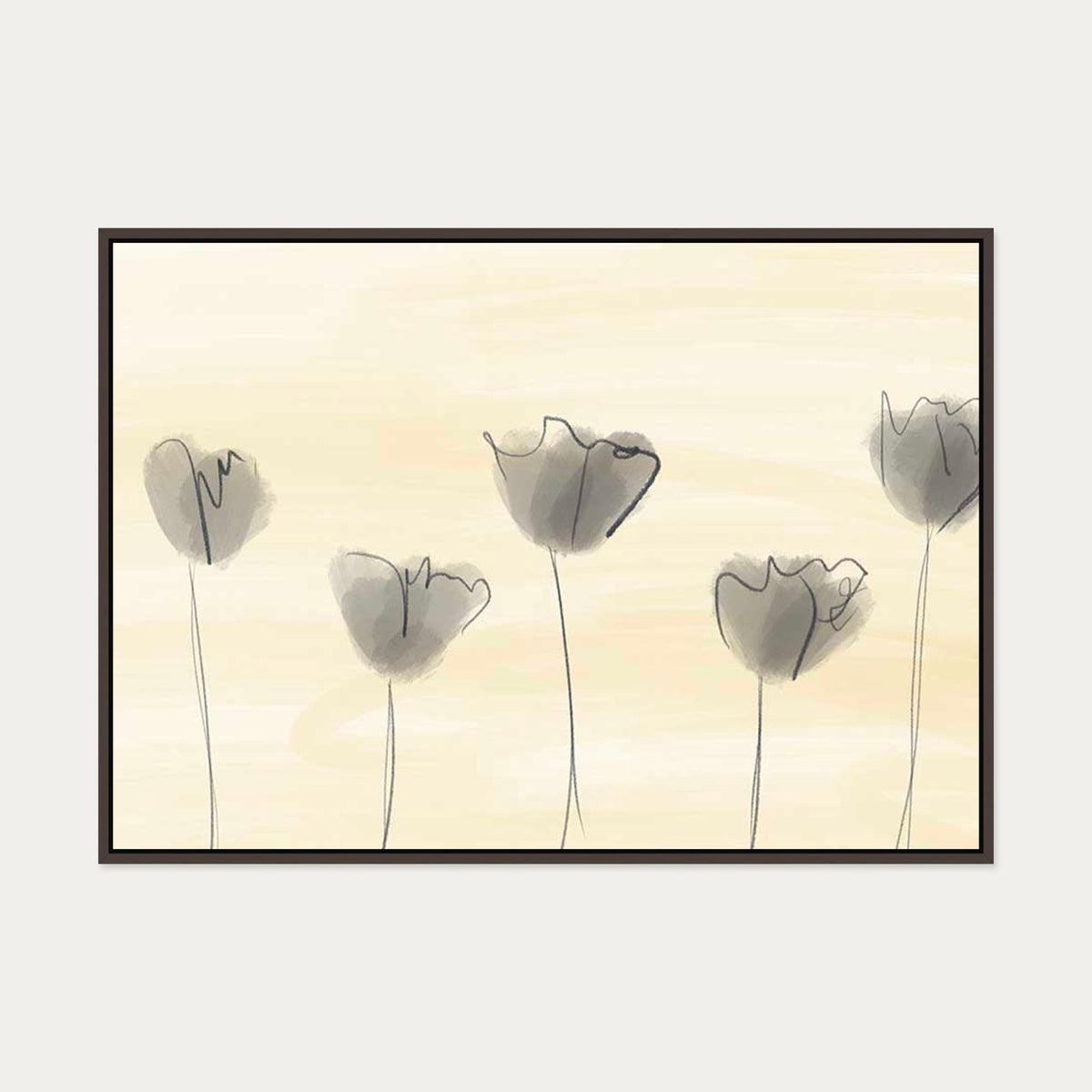 Grey Poppies In Field Canvas Art — 70 x 100 cm — Brown Frame