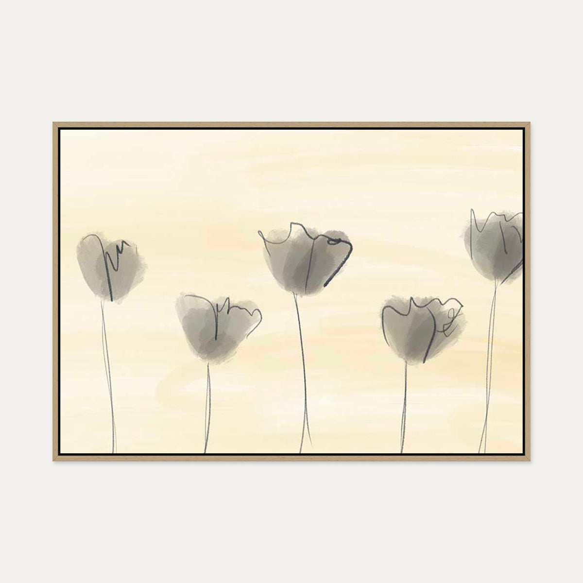 Grey Poppies In Field Canvas Art — 70 x 100 cm — Oak Frame