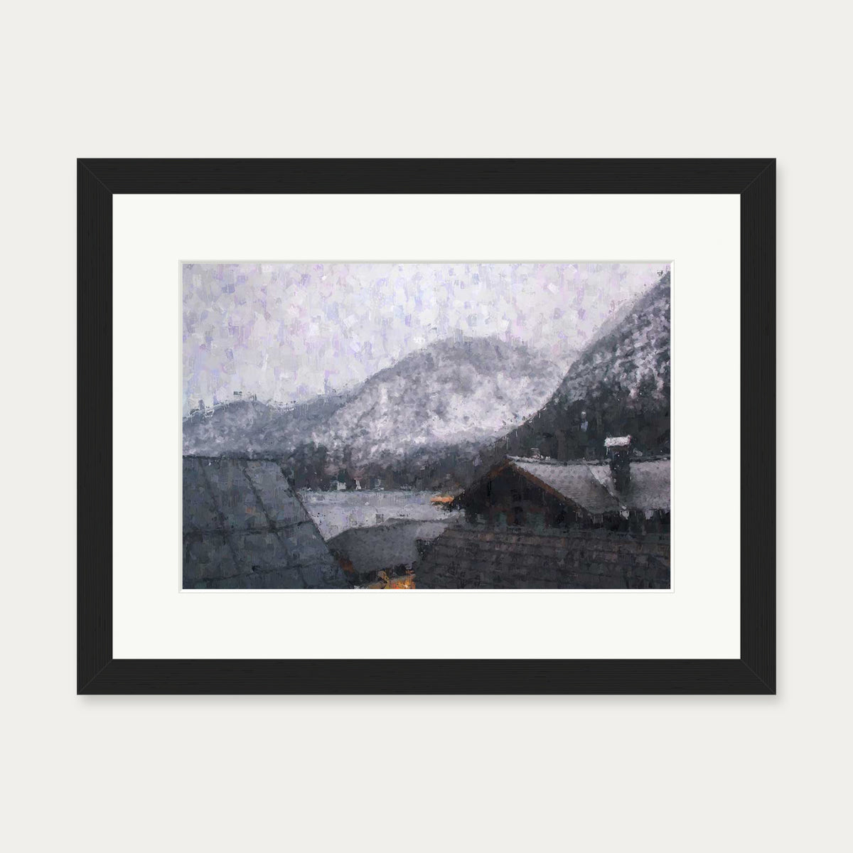 Grey Snow Mountain Impressionist Art Print — 30 x 40 cm — Black Frame