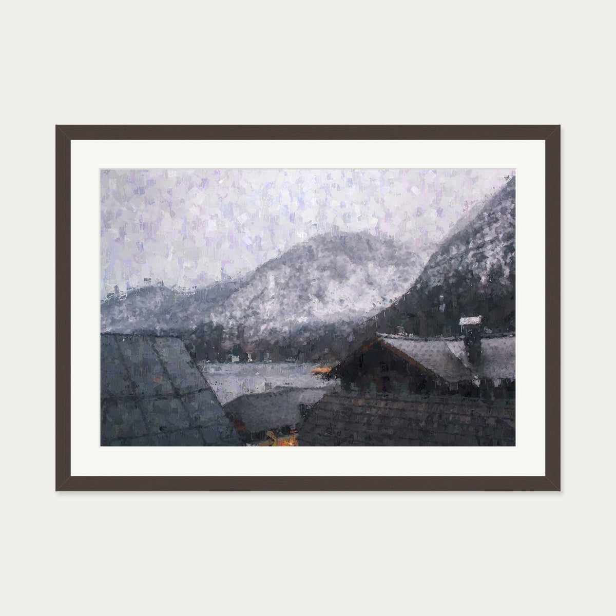 Grey Snow Mountain Impressionist Art Print — 50 x 70 cm — Brown Frame