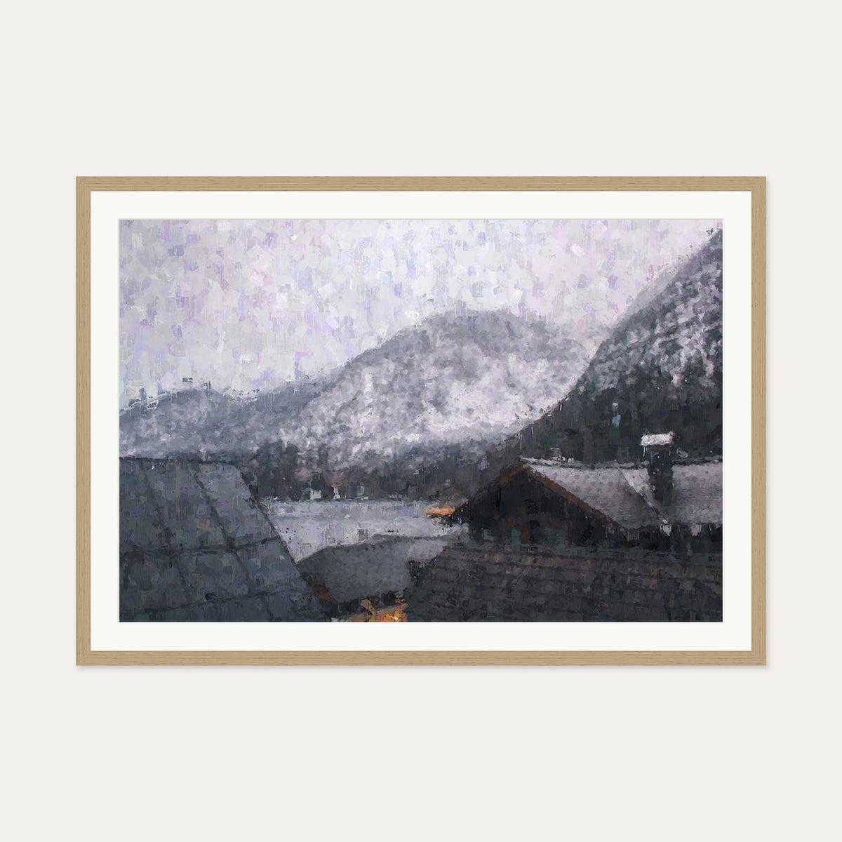Grey Snow Mountain Impressionist Art Print — 70 x 100 cm — Oak Frame