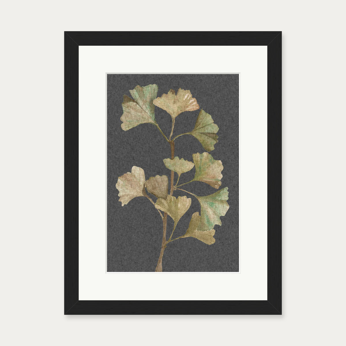 Grey Vintage Botanical Leaf Art Print — 30 x 40 cm — Black Frame