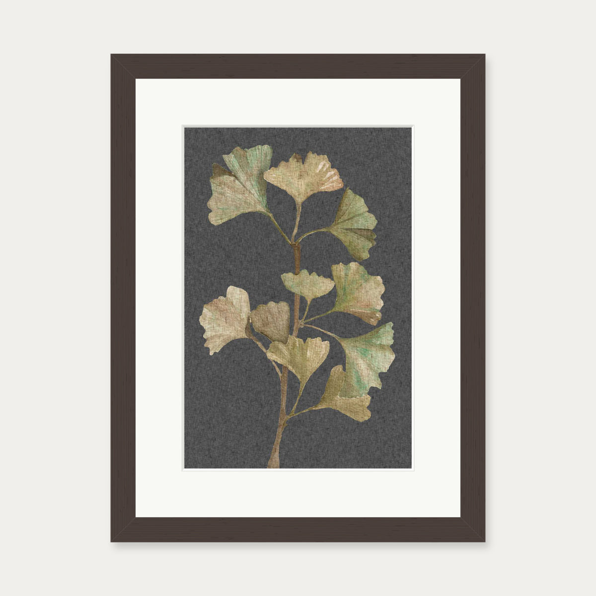 Grey Vintage Botanical Leaf Art Print — 30 x 40 cm — Brown Frame