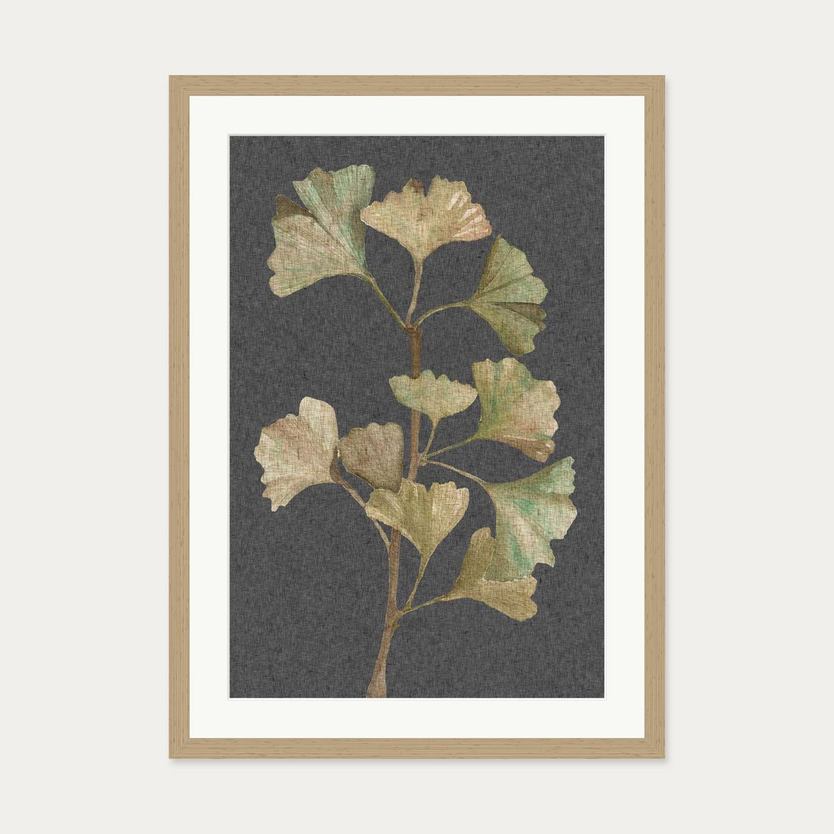 Grey Vintage Botanical Leaf Art Print — 50 x 70 cm — Oak Frame
