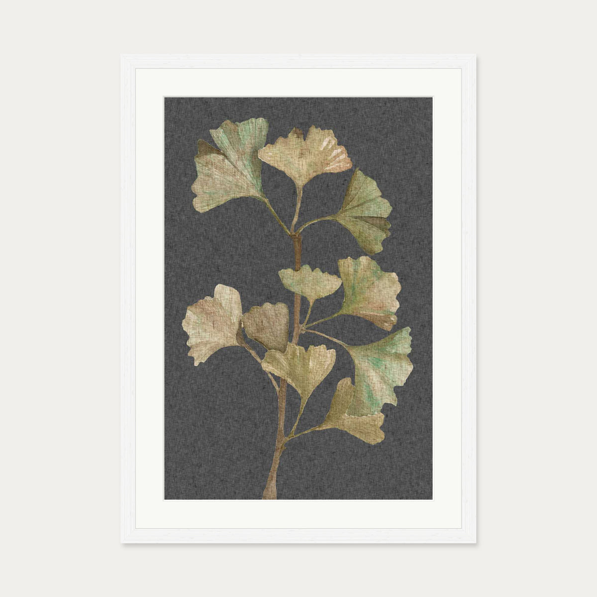 Grey Vintage Botanical Leaf Art Print — 50 x 70 cm — White Frame