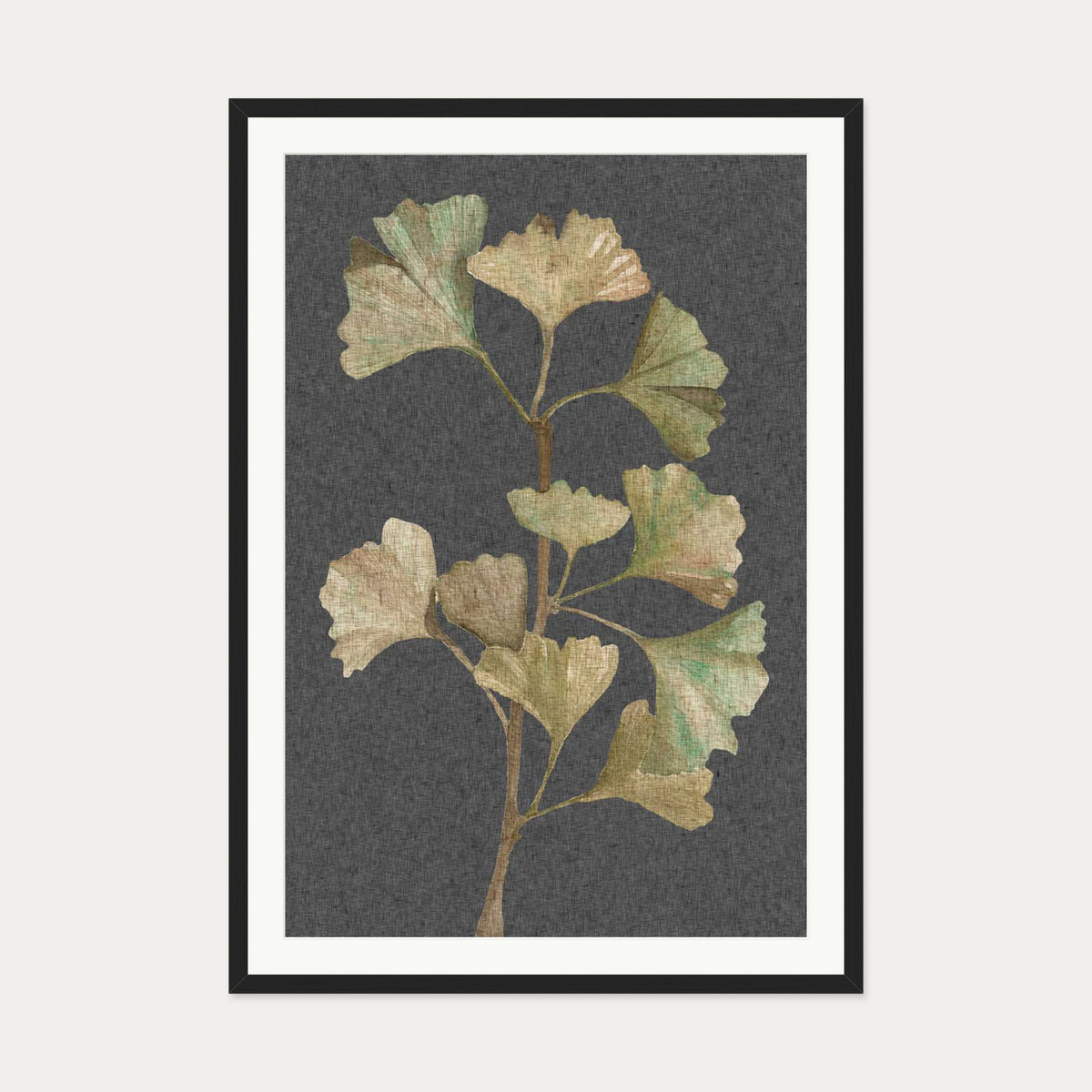 Grey Vintage Botanical Leaf Art Print — 70 x 100 cm — Black Frame