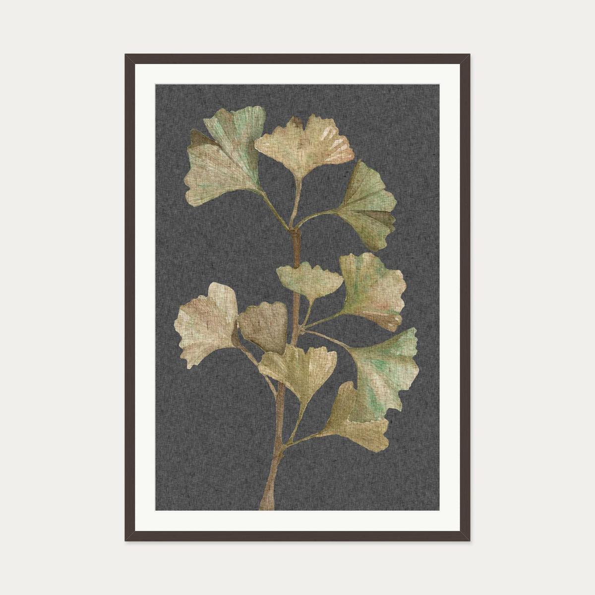 Grey Vintage Botanical Leaf Art Print — 70 x 100 cm — Brown Frame
