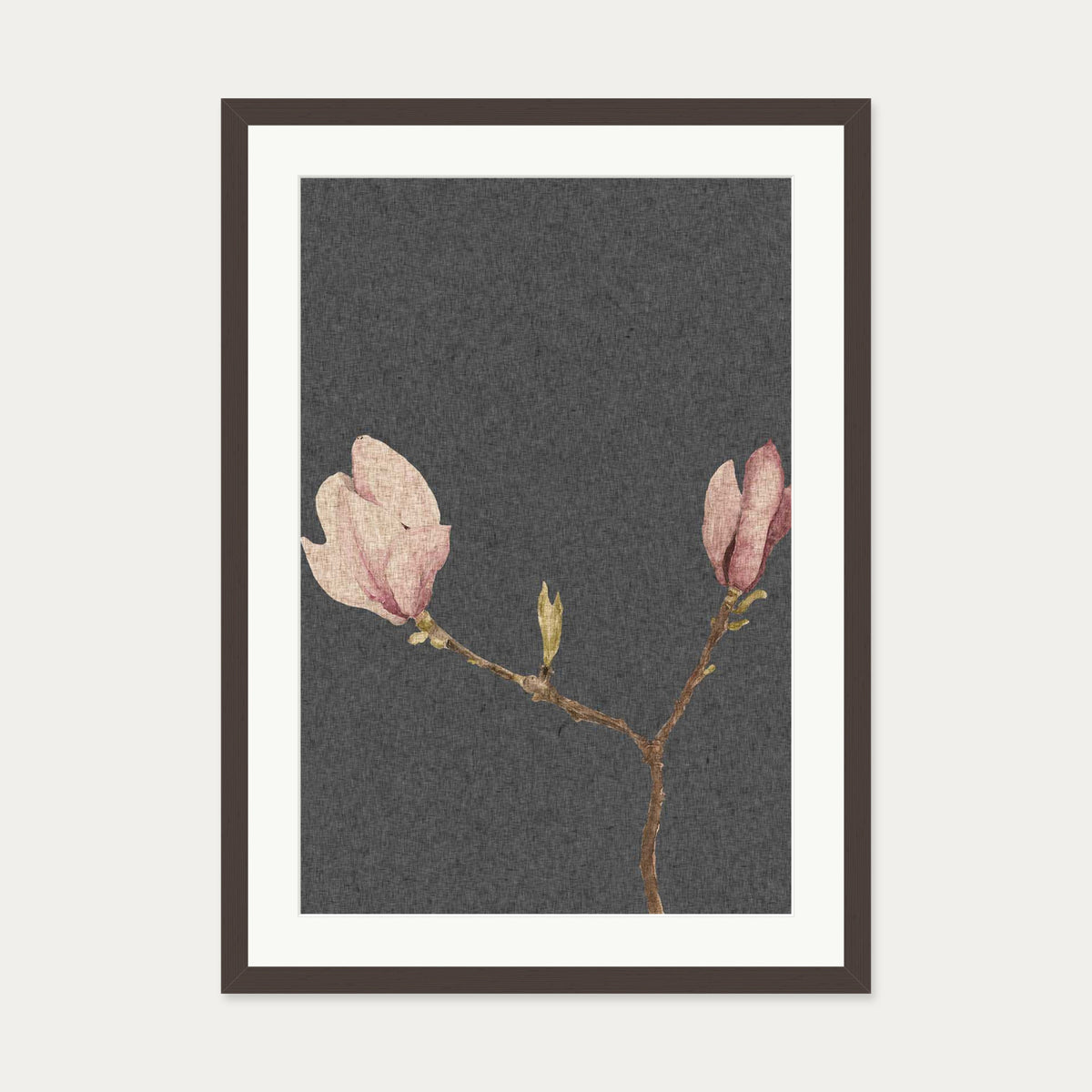 Grey Vintage Rose Art Print — 50 x 70 cm — Brown Frame