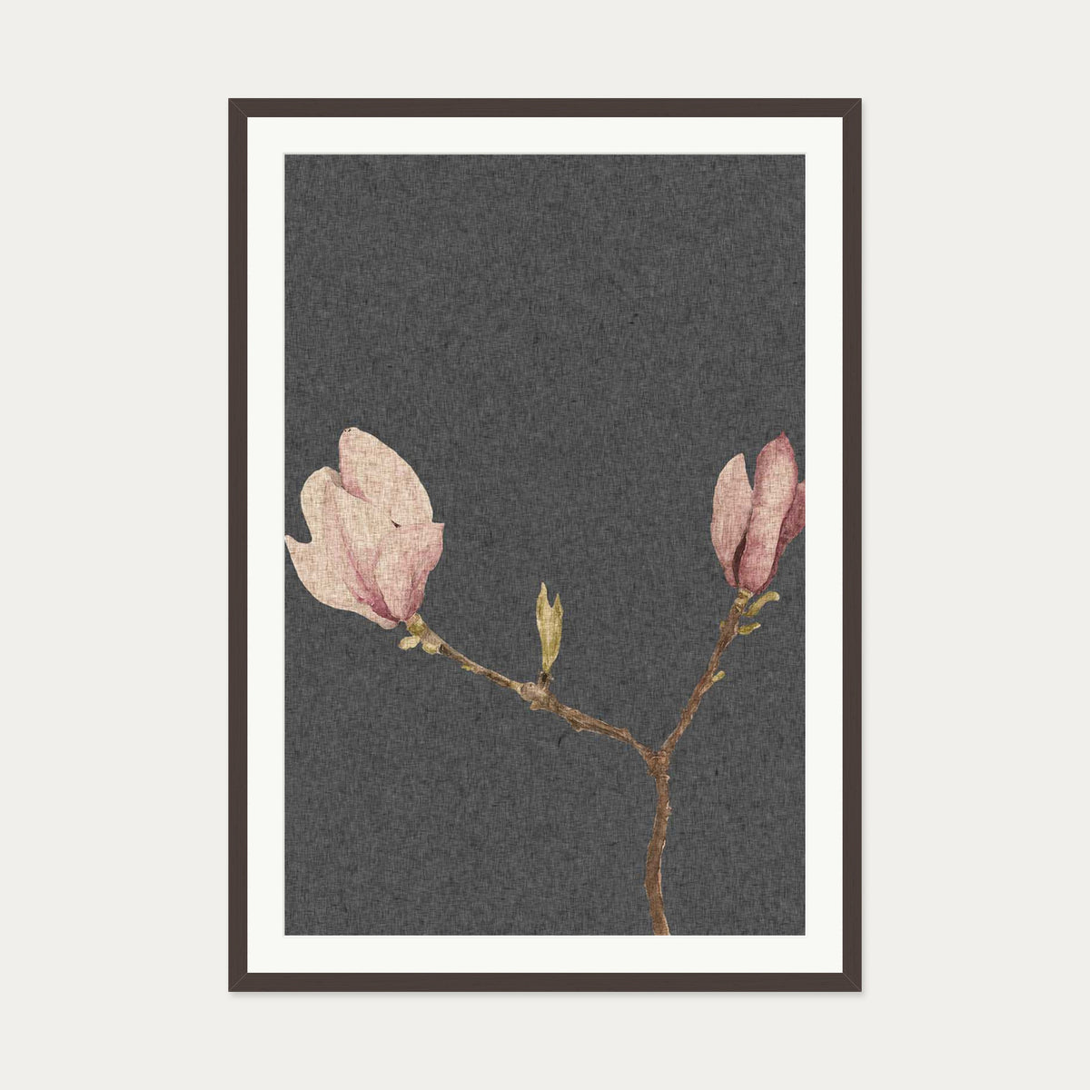 Grey Vintage Rose Art Print — 70 x 100 cm — Brown Frame