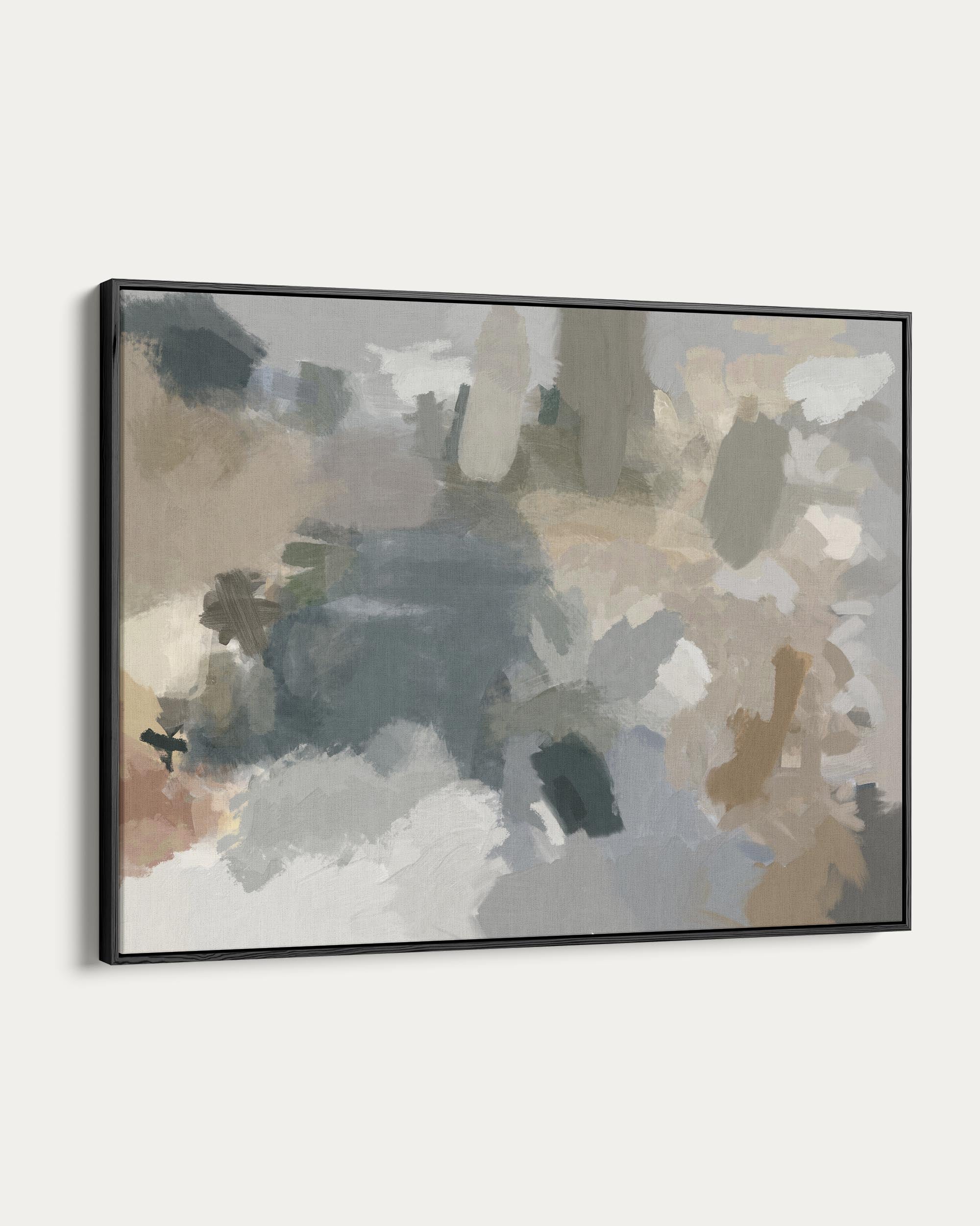 Abstract art piece with earthy tones in a black frame on a white background