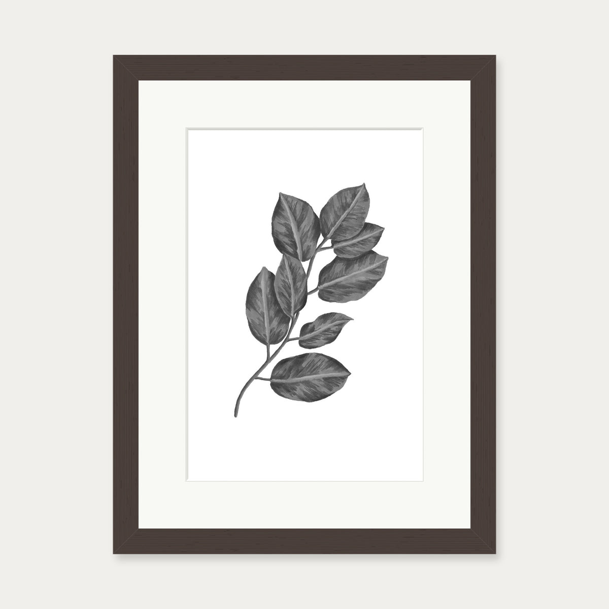 Greyscale Botanical Leaves Art Print — 30 x 40 cm — Brown Frame