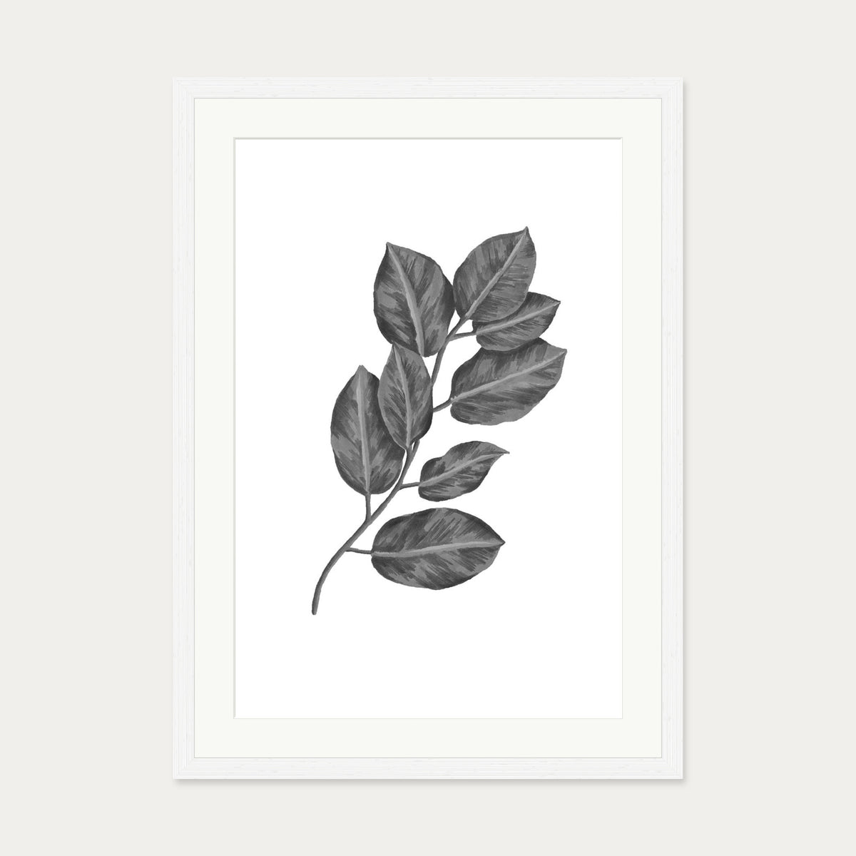 Greyscale Botanical Leaves Art Print — 50 x 70 cm — White Frame