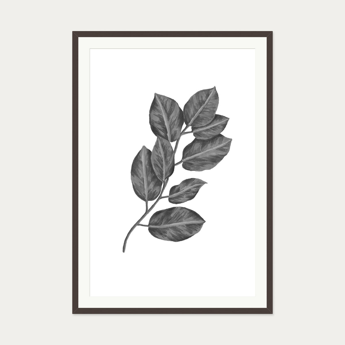 Greyscale Botanical Leaves Art Print — 70 x 100 cm — Brown Frame