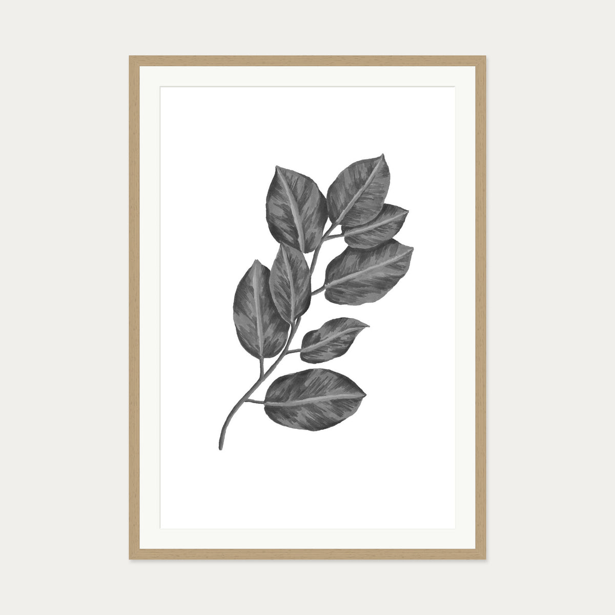 Greyscale Botanical Leaves Art Print — 70 x 100 cm — Oak Frame