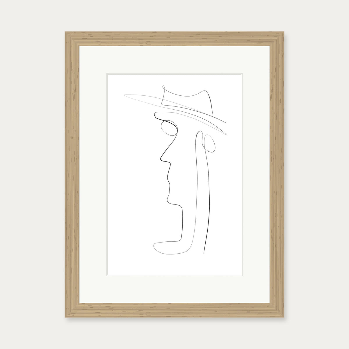 Hat and Face Line Drawing Art Print — 30 x 40 cm — Oak Frame