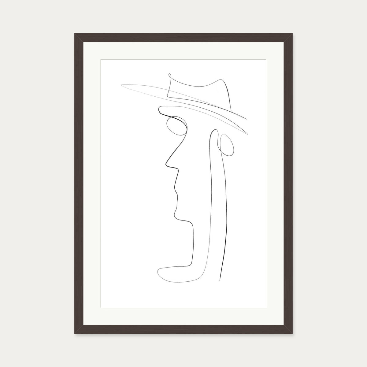 Hat and Face Line Drawing Art Print — 50 x 70 cm — Brown Frame