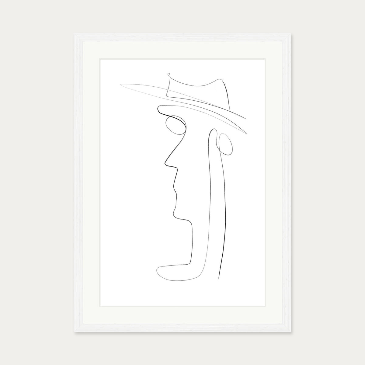 Hat and Face Line Drawing Art Print — 50 x 70 cm — White Frame