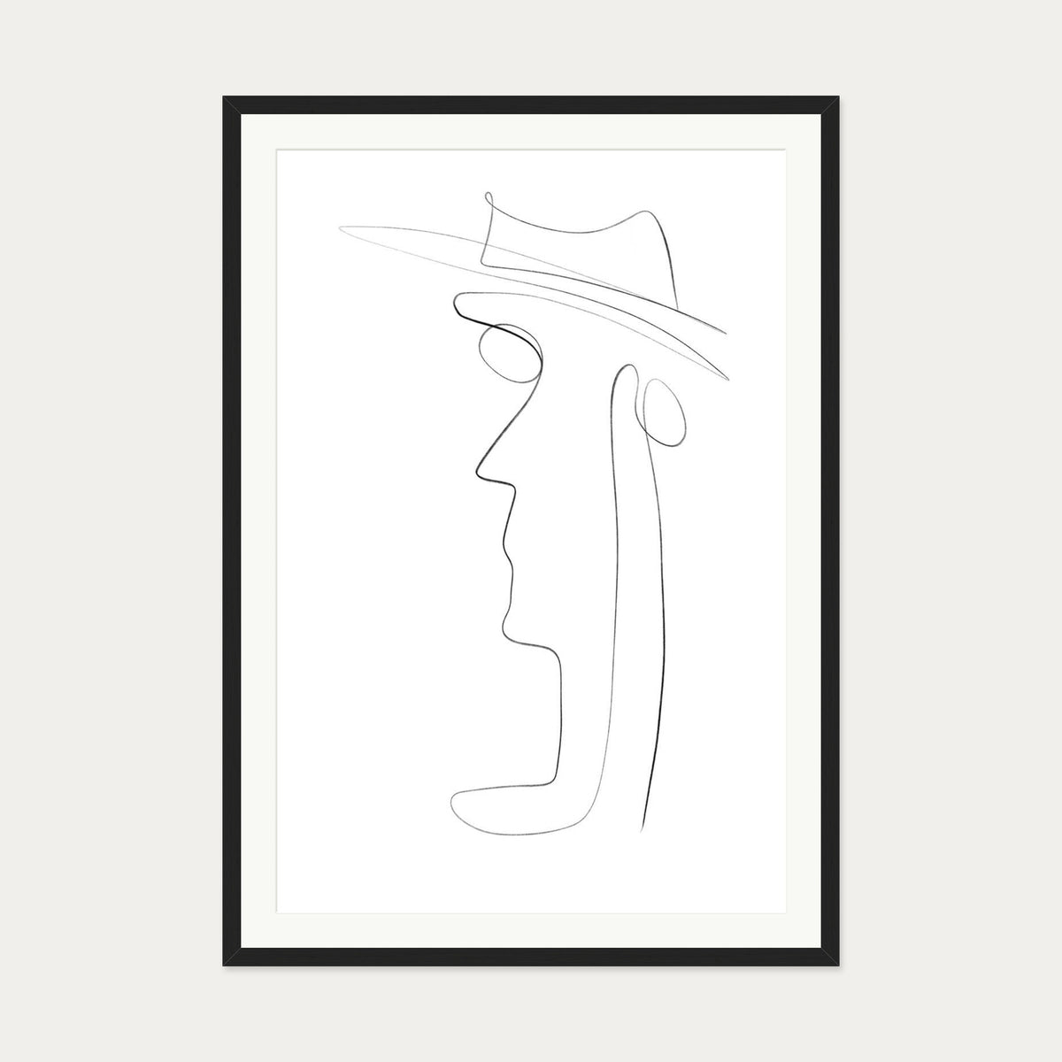 Hat and Face Line Drawing Art Print — 70 x 100 cm — Black Frame