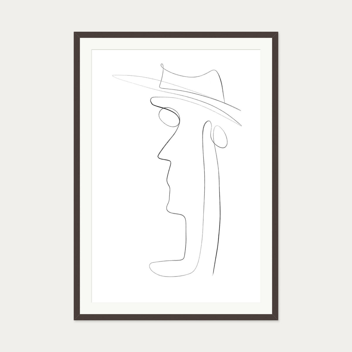 Hat and Face Line Drawing Art Print — 70 x 100 cm — Brown Frame