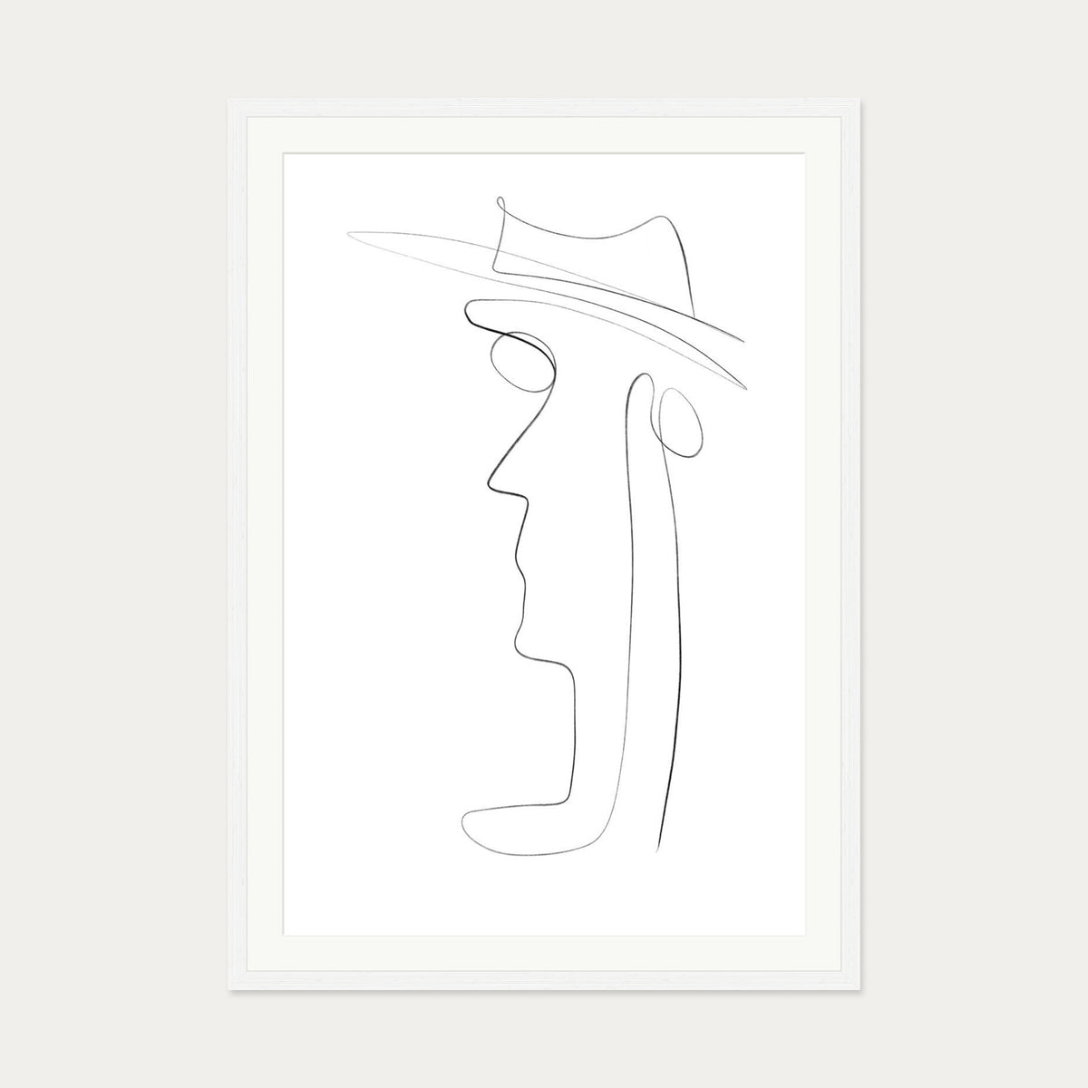 Hat and Face Line Drawing Art Print — 70 x 100 cm — White Frame