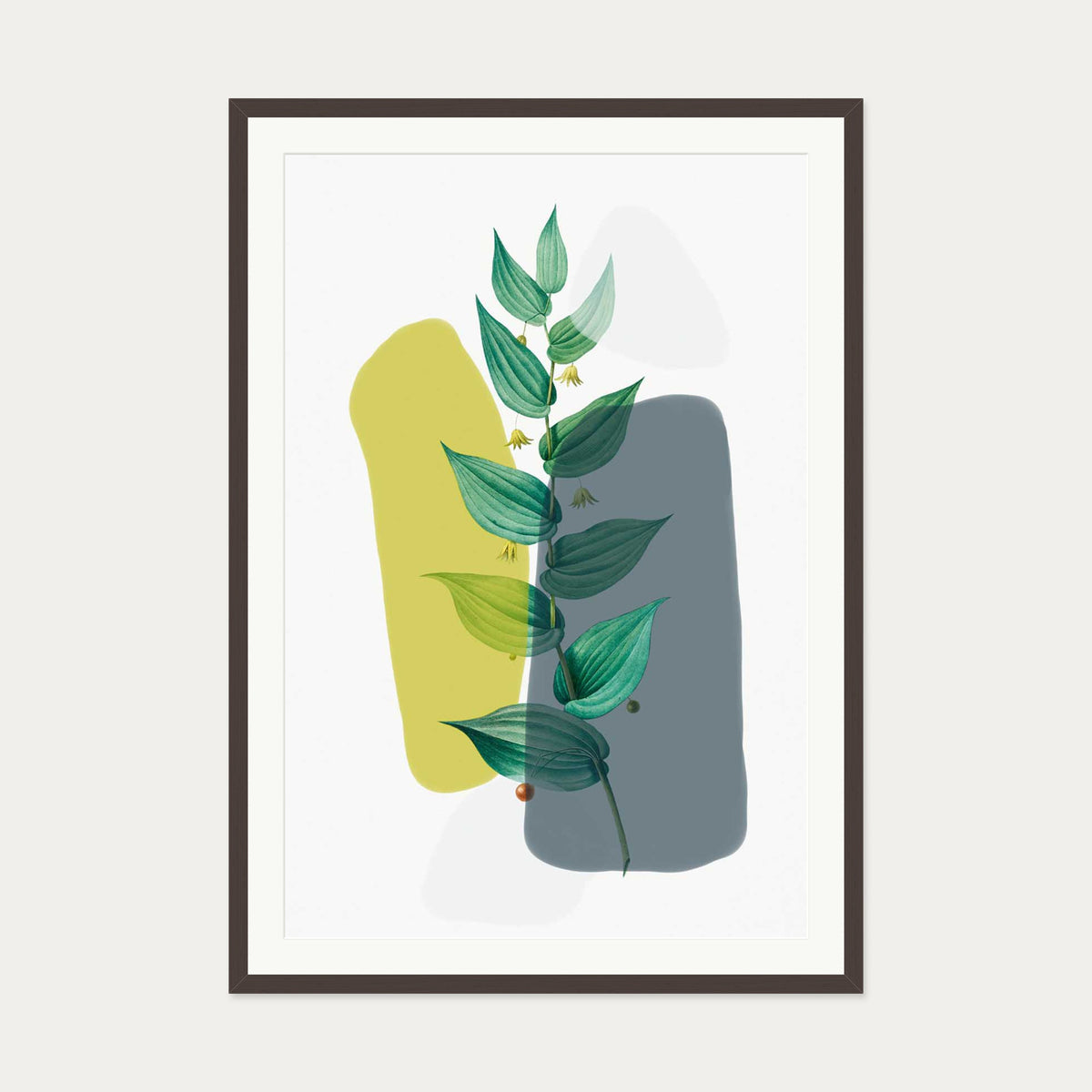 Illustration With Grey & Green Art Print — 70 x 100 cm — Brown Frame