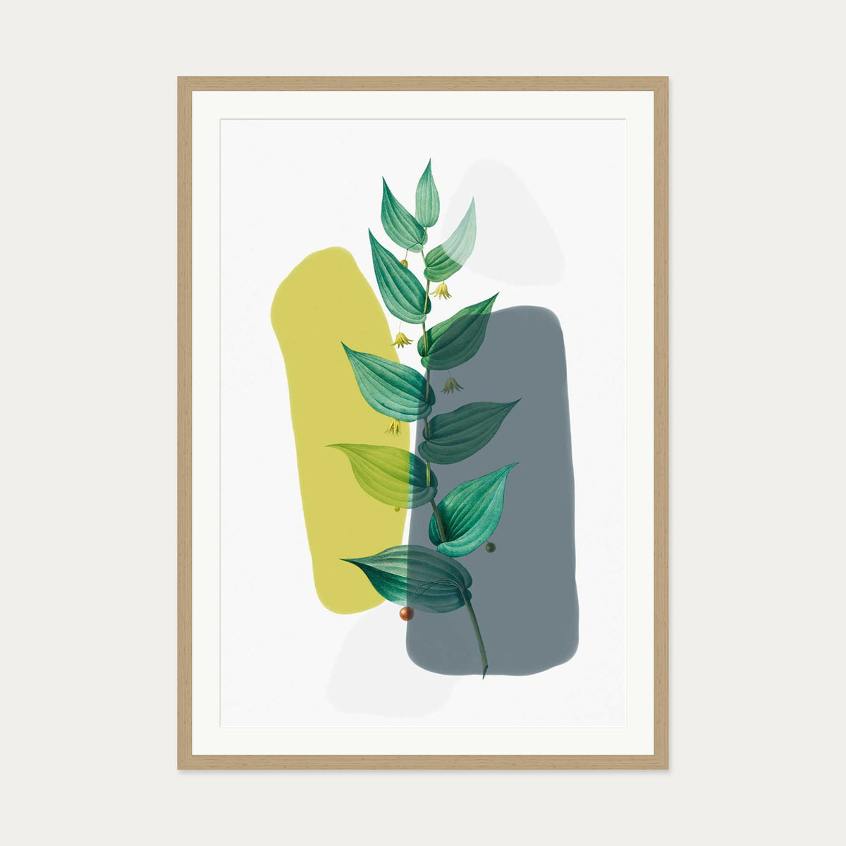 Illustration With Grey & Green Art Print — 70 x 100 cm — Oak Frame