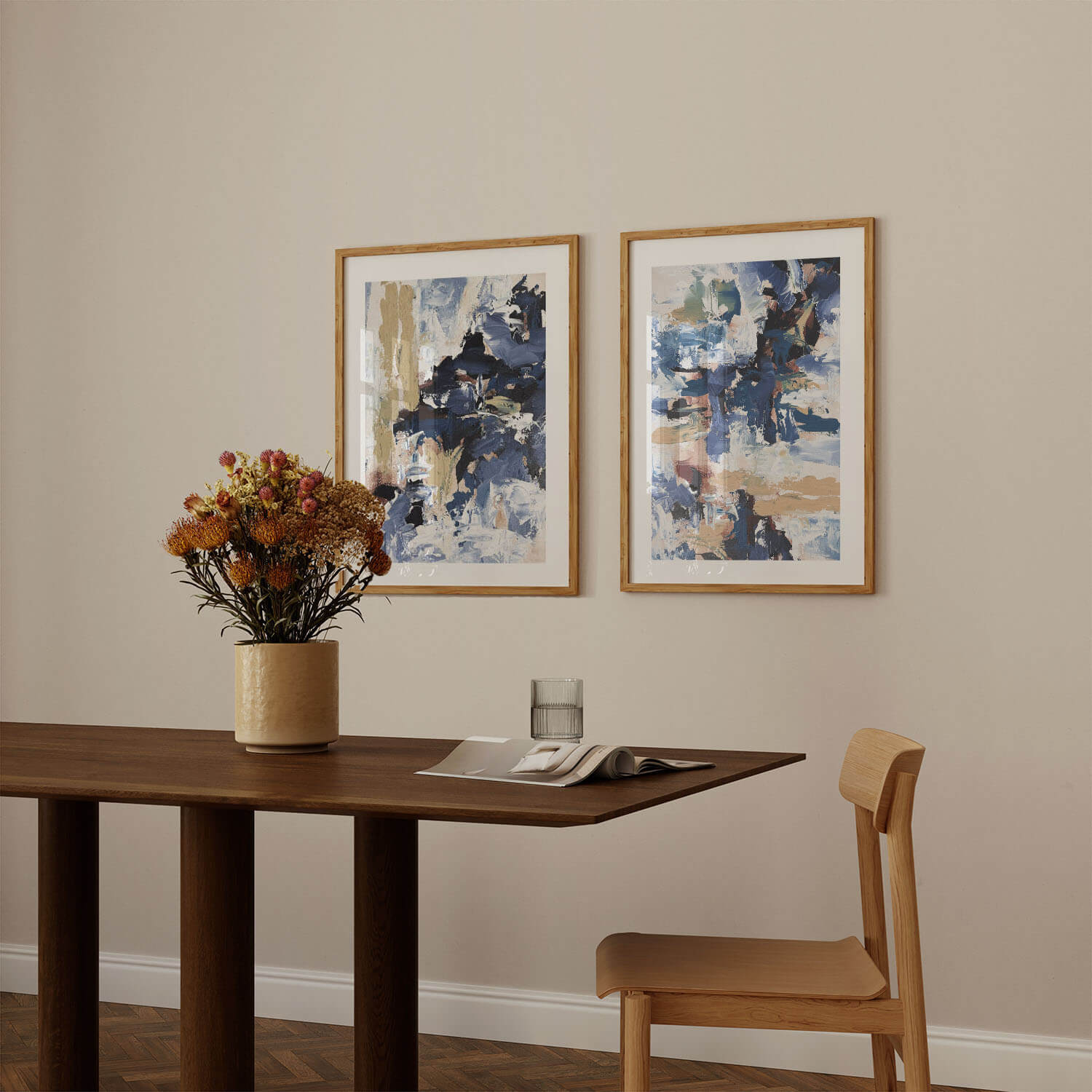 framed abstract wall art in dining room
