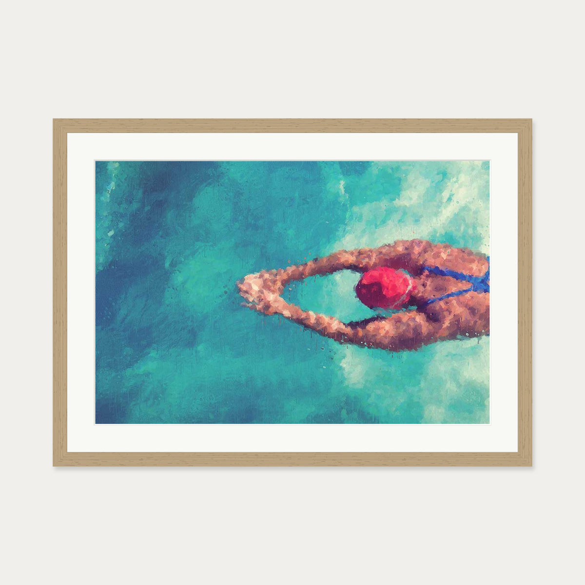 Impressionist Olympic Swimmer Art Print — 50 x 70 cm — Oak Frame