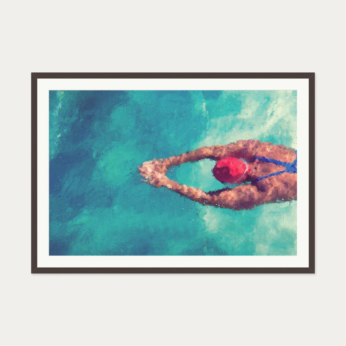 Impressionist Olympic Swimmer Art Print — 70 x 100 cm — Brown Frame