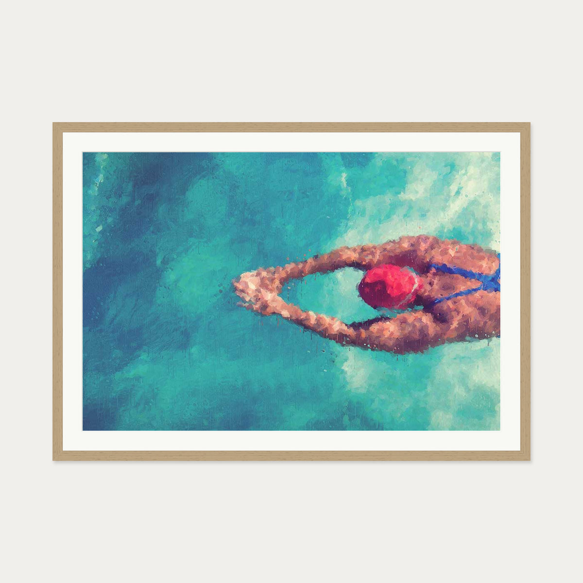 Impressionist Olympic Swimmer Art Print — 70 x 100 cm — Oak Frame