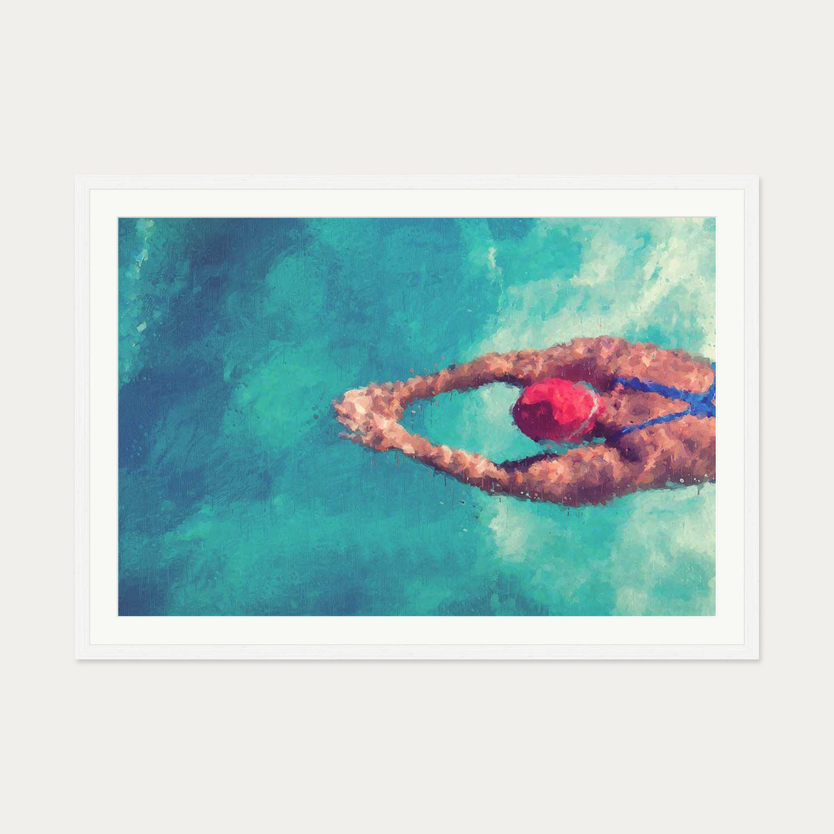 Impressionist Olympic Swimmer Art Print — 70 x 100 cm — White Frame