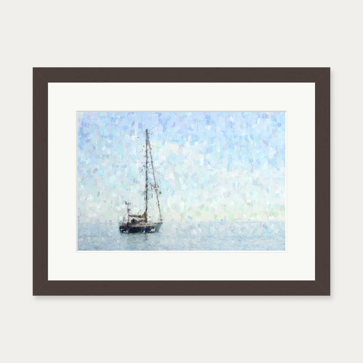Impressionist Sky Blue Boat Art Print — 30 x 40 cm — Brown Frame