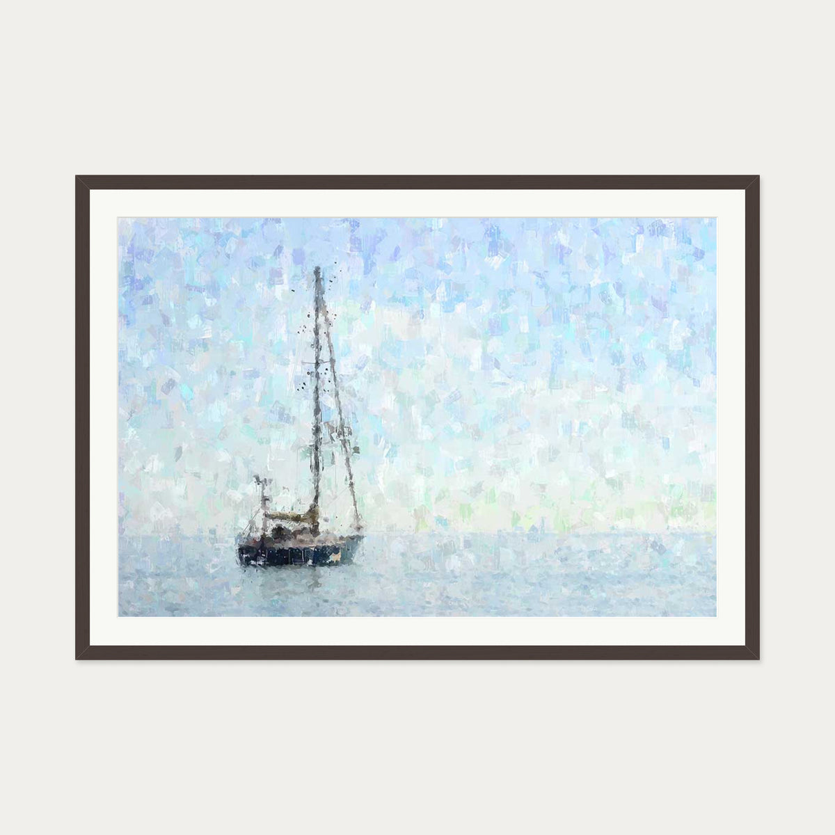Impressionist Sky Blue Boat Art Print — 70 x 100 cm — Brown Frame