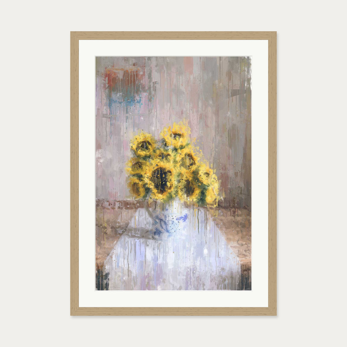 Impressionist Sunflowers In A Vase Art Print — 50 x 70 cm — Oak Frame