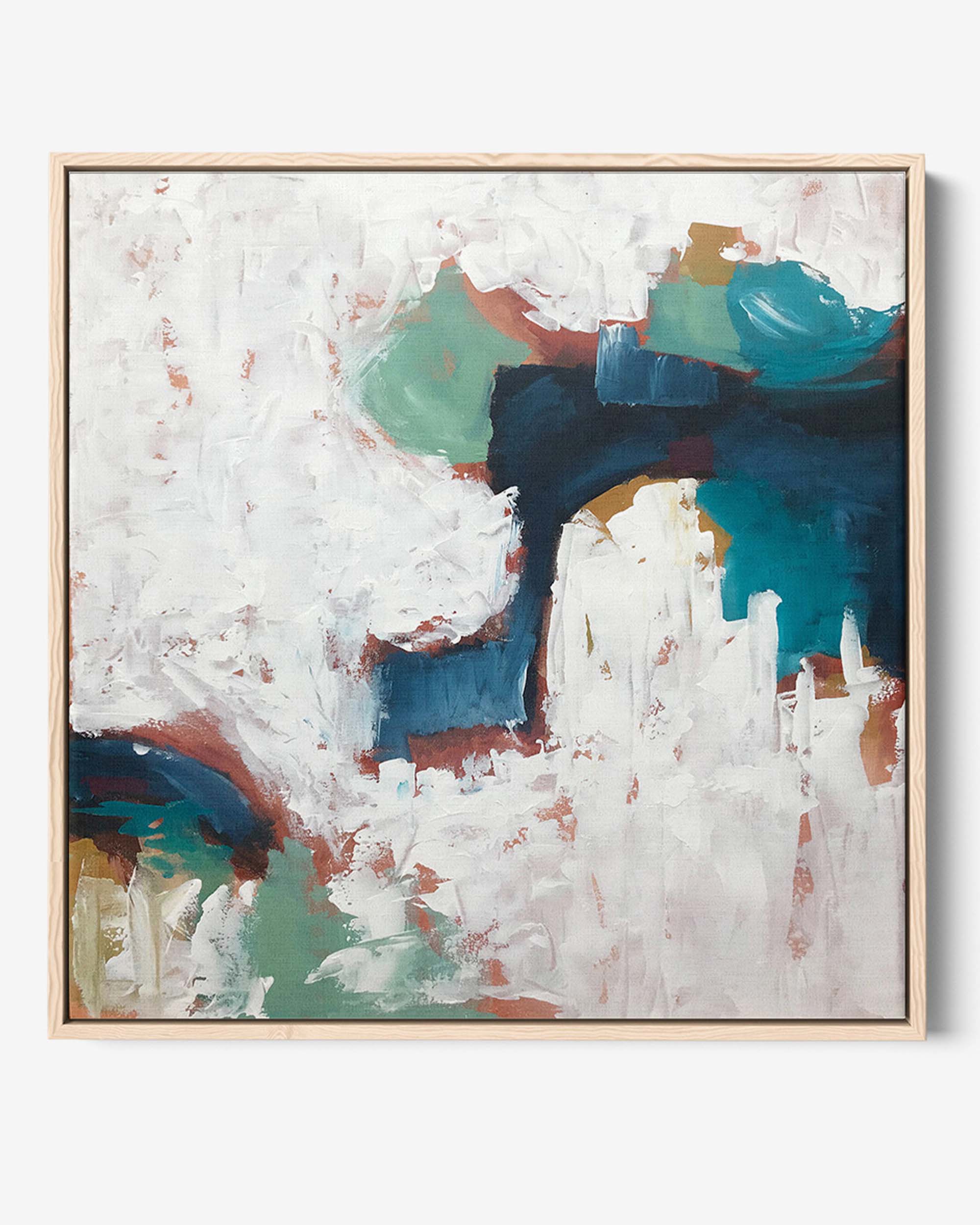 A modern abstract canvas painting with neutral tones, featuring geometric and free-form shapes, stretched on a wooden frame, with a white floating frame option.