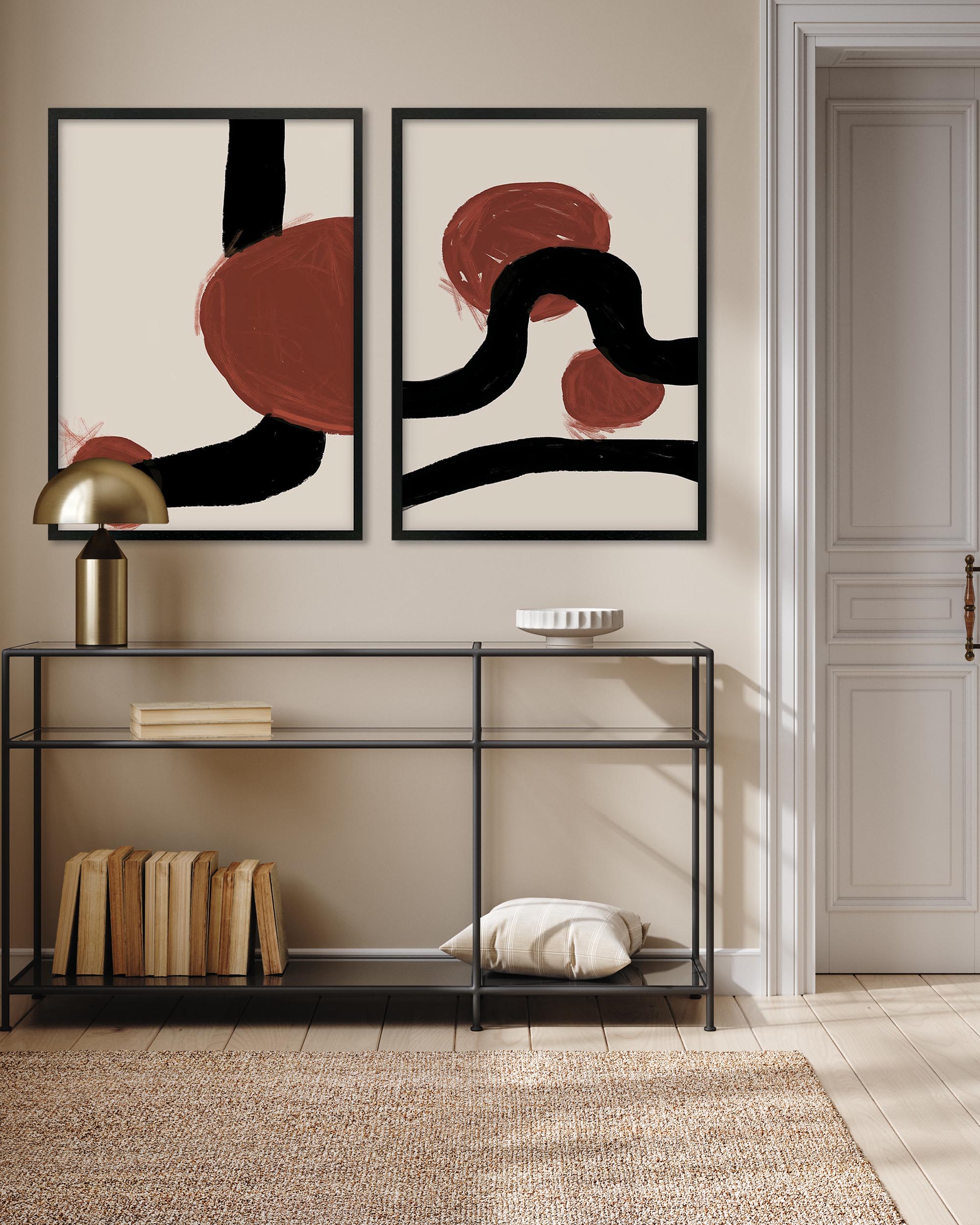minimal abstract framed wall art prints in hallway