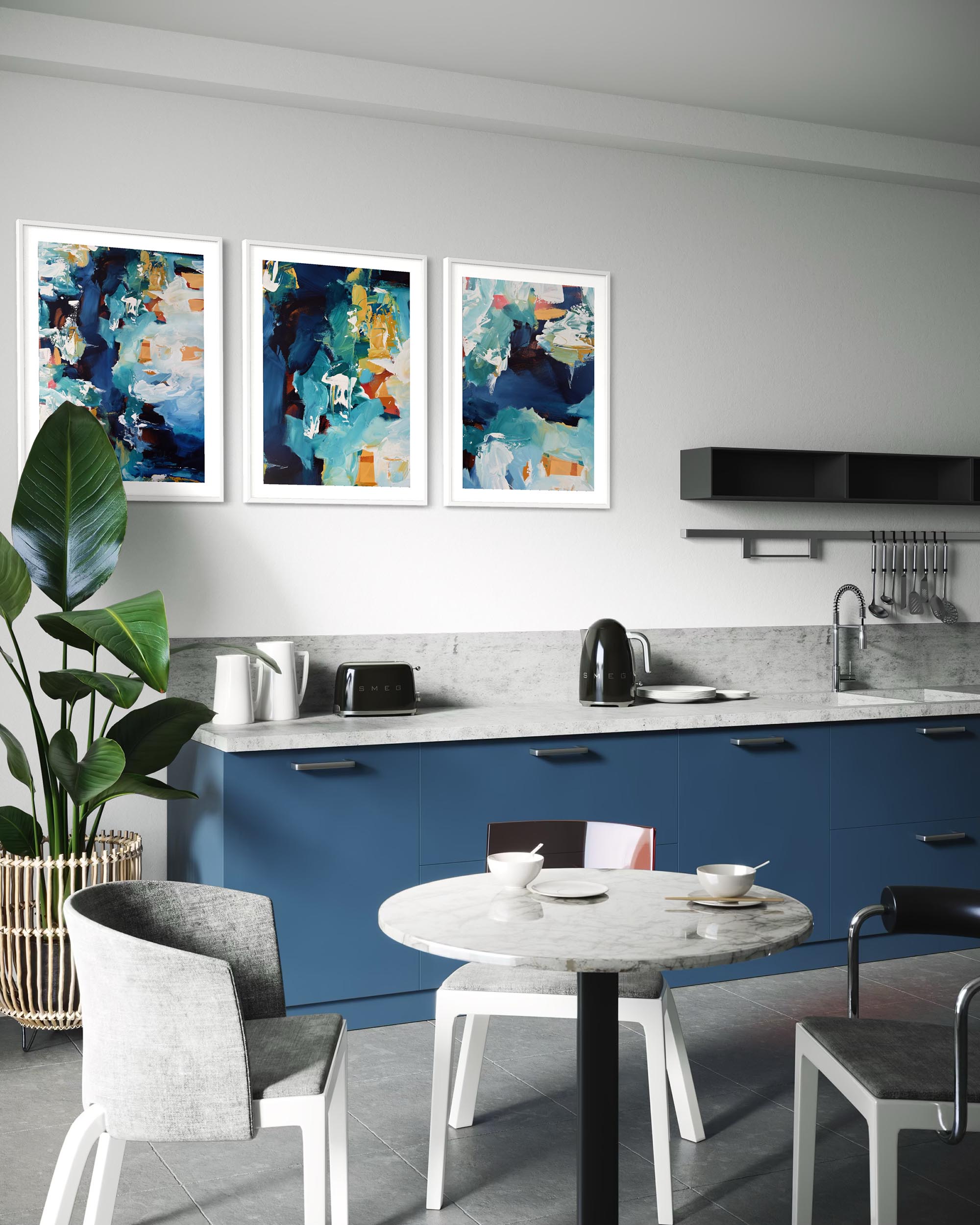 Modern kitchen with abstract art on the wall and a dining table.