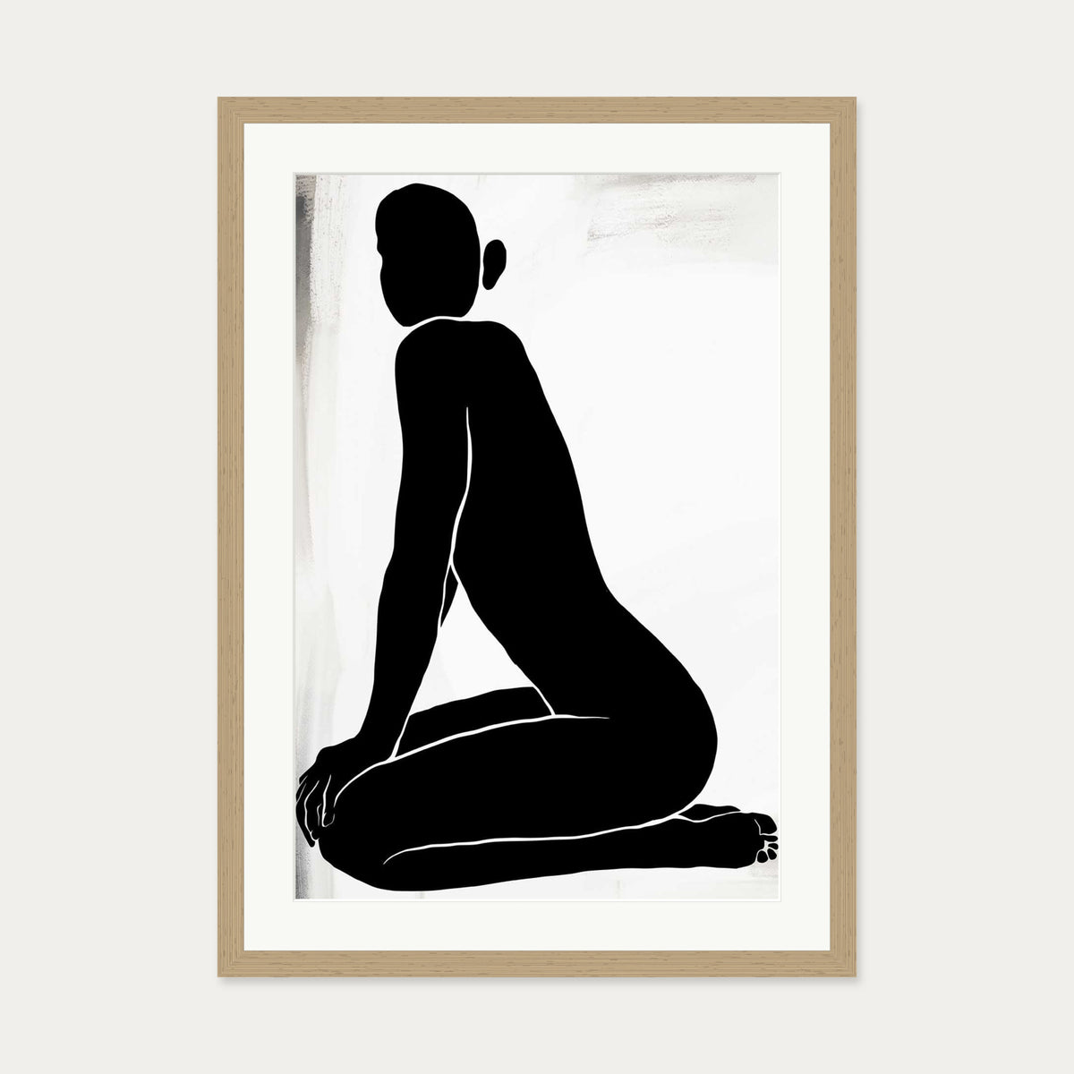 Kneeling Figure Line Art Print — 50 x 70 cm — Oak Frame