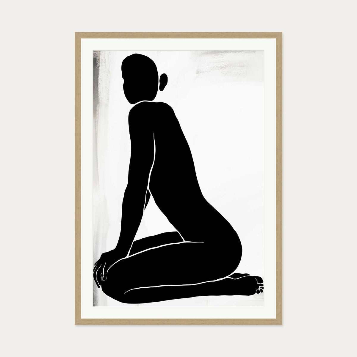 Kneeling Figure Line Art Print — 70 x 100 cm — Oak Frame