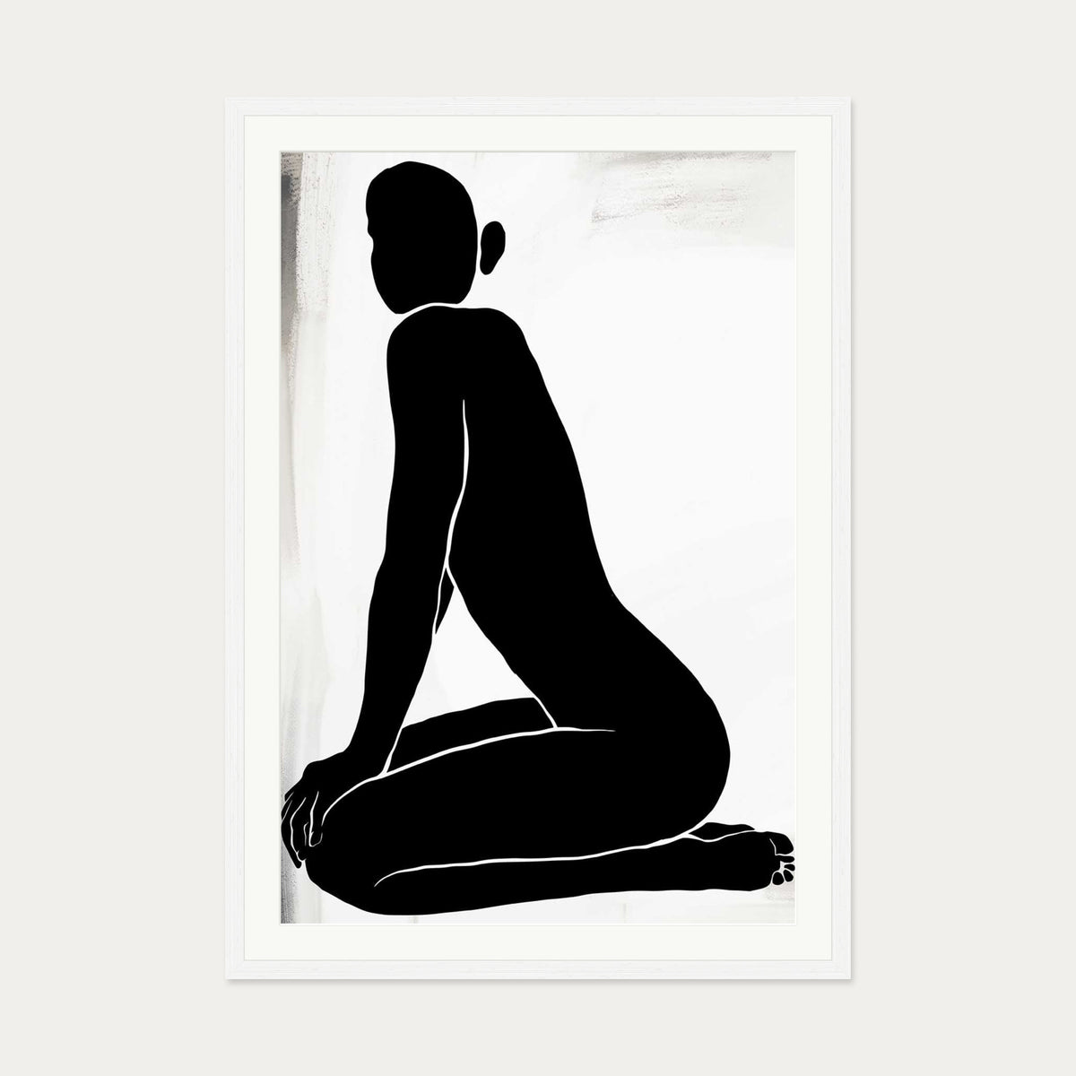 Kneeling Figure Line Art Print — 70 x 100 cm — White Frame