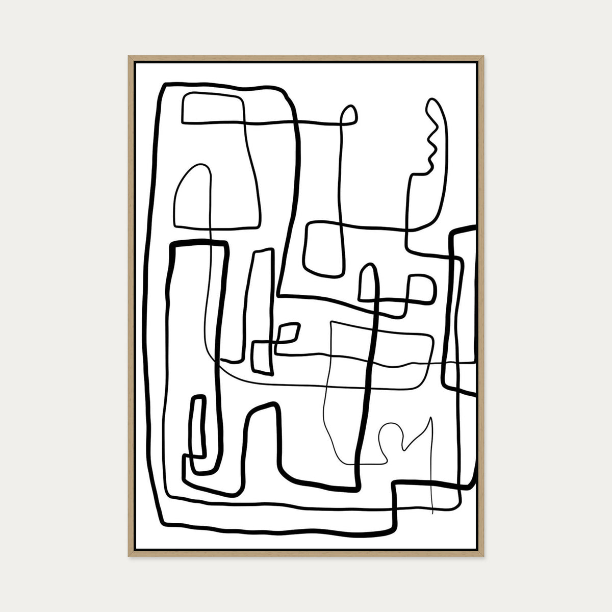 Monochrome Labyrinth Canvas Art — 70 x 100 cm — Oak Frame