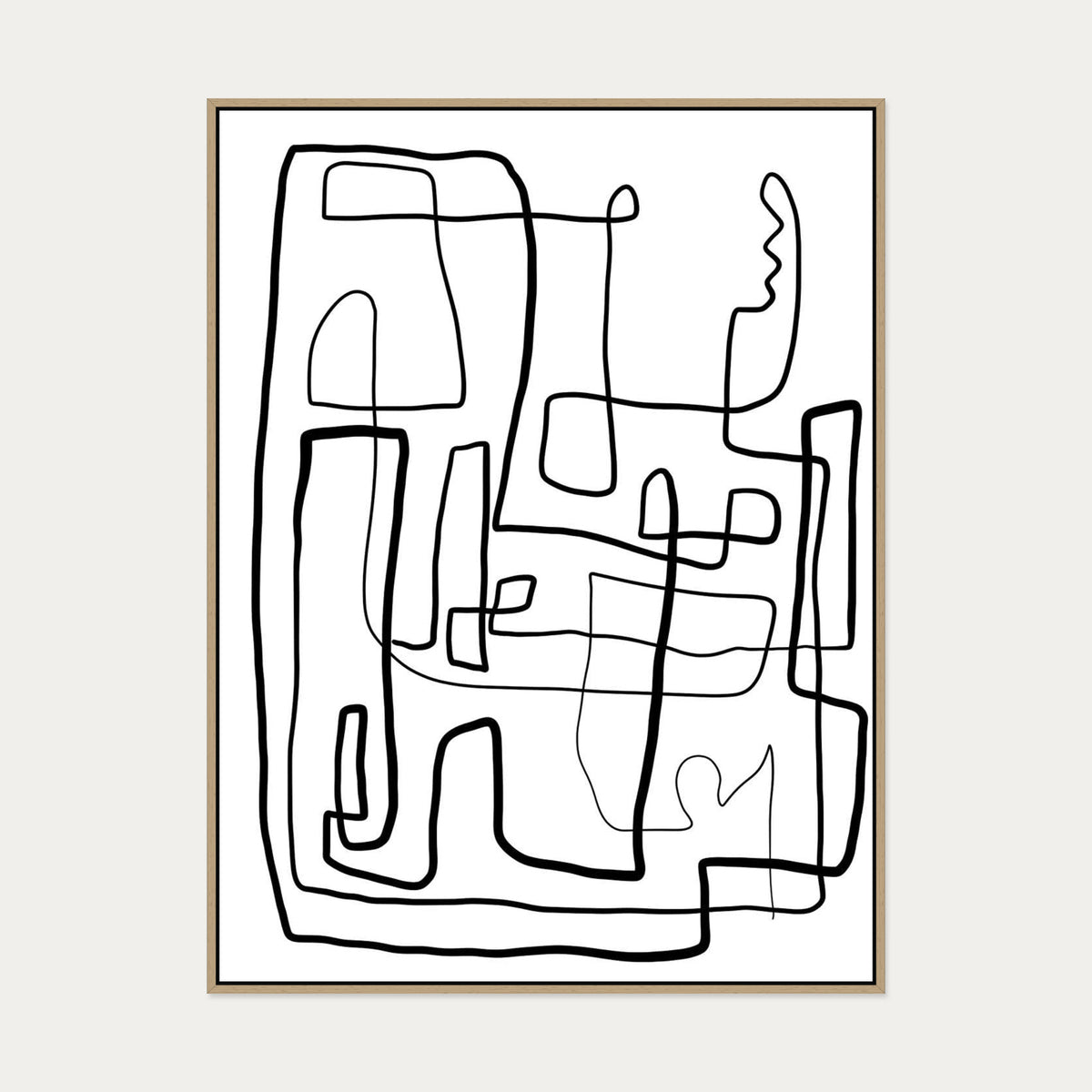 Monochrome Labyrinth Canvas Art — 90 x 120 cm — Oak Frame
