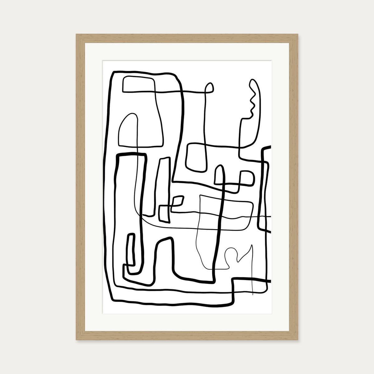 Labyrinth Line Drawing Art Print — 50 x 70 cm — Oak Frame