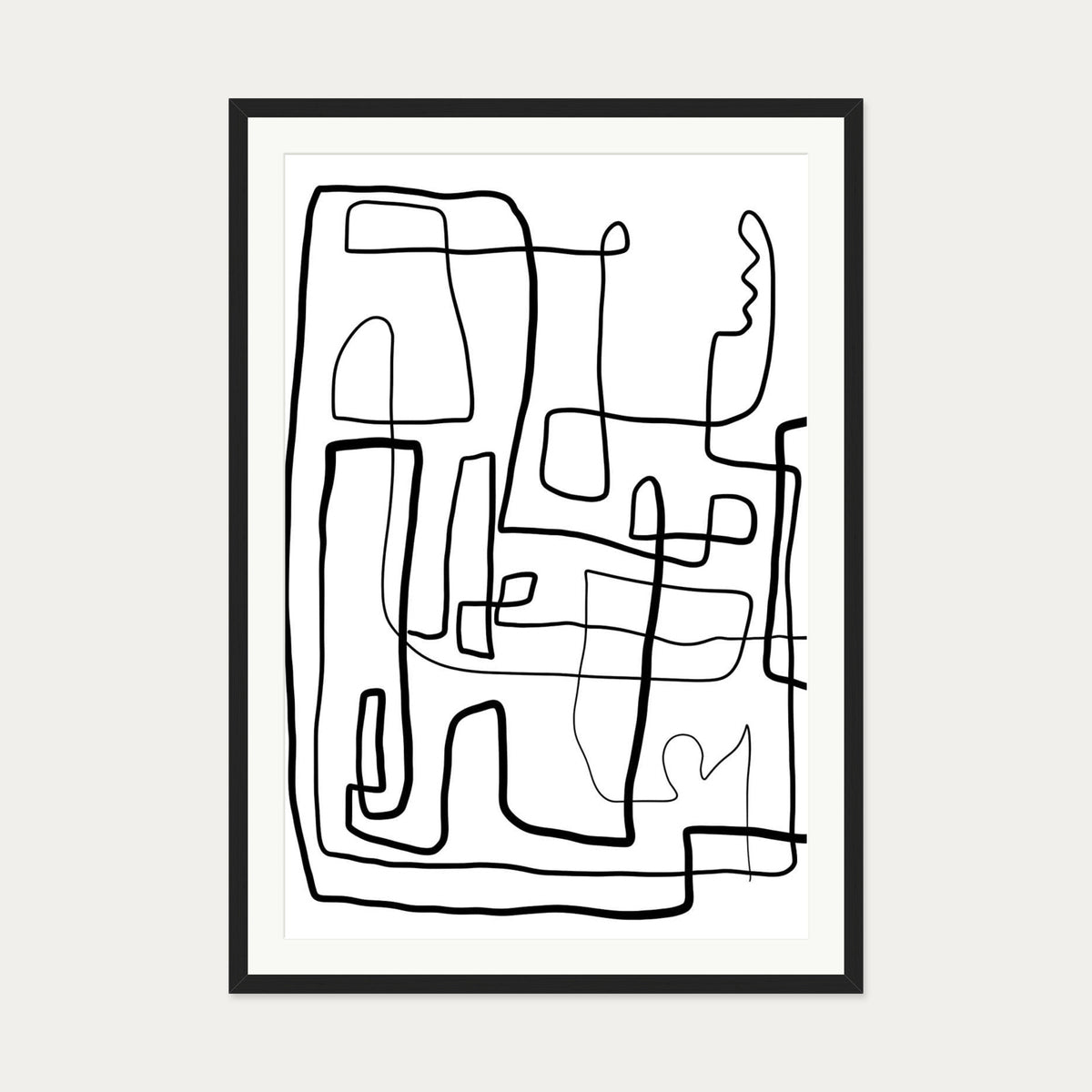 Labyrinth Line Drawing Art Print — 70 x 100 cm — Black Frame